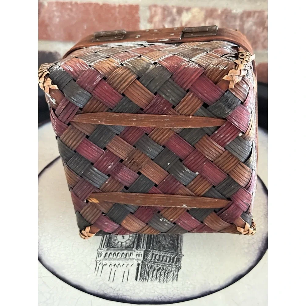 Vintage Wicker Weave Chest Basket Rattan Wood Treasure Hinged Box‎ Decor,
